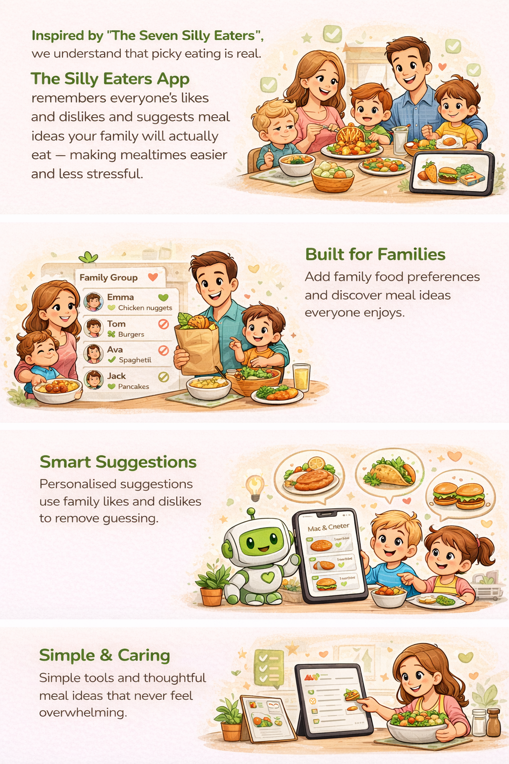 The Silly Eaters App features: Built for Families, Smart Suggestions, Simple & Caring meal planning